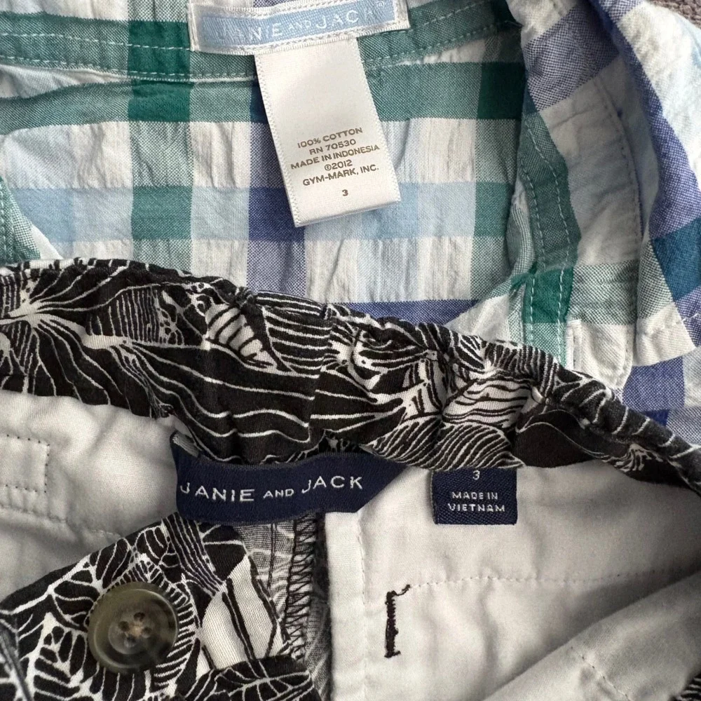 Janie and Jack 2pc Bundle Size 3 Blue Green Plaid Shirt Black Floral Shorts